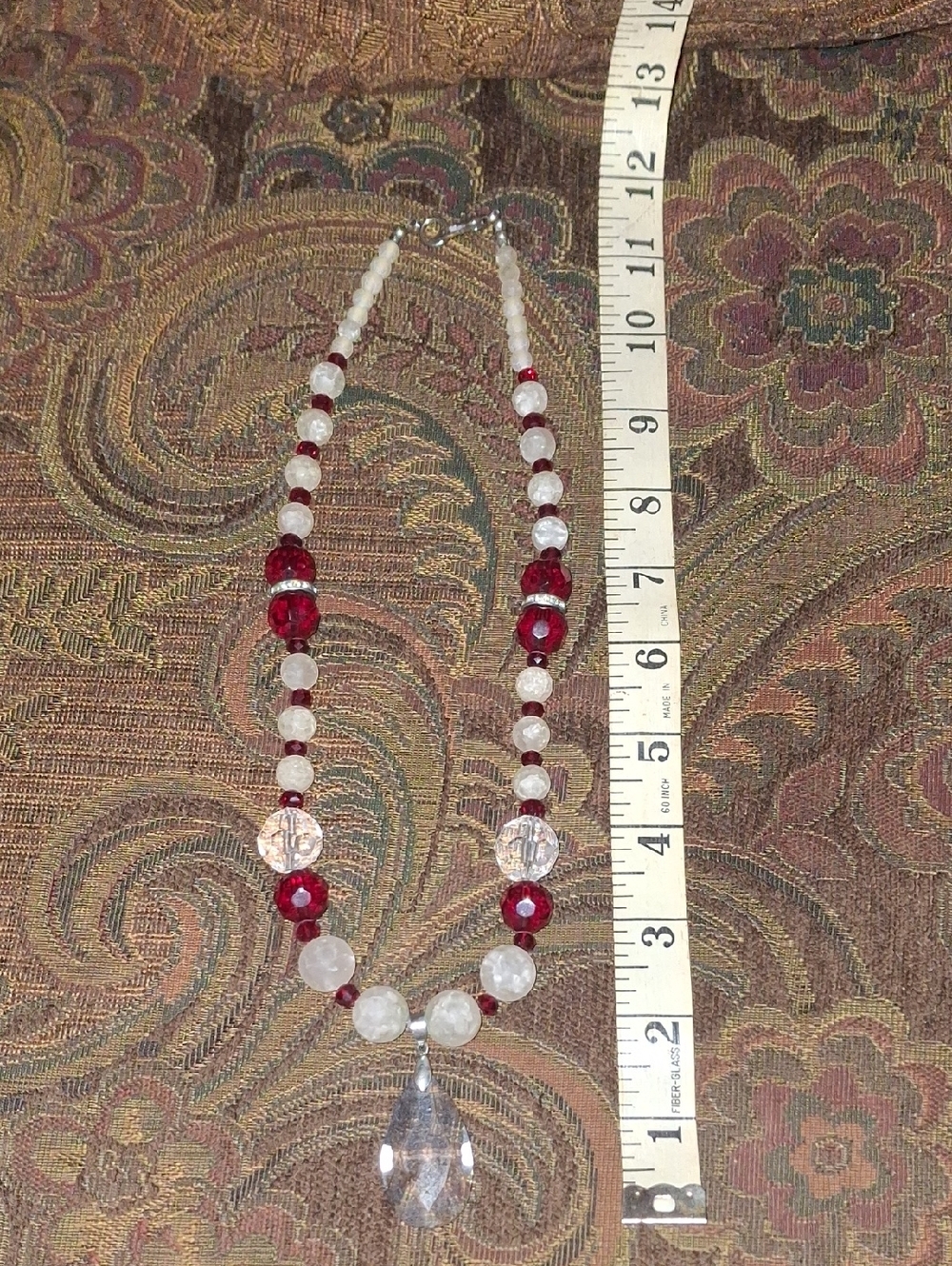 Tracy Lynn Crystal Teardrop Pendant Necklace - Red and White Beads